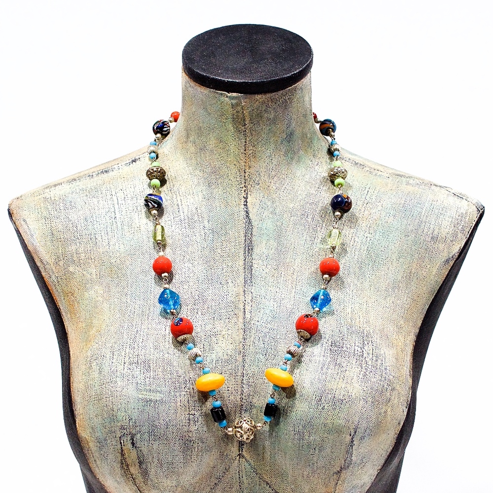 VTG 80's Glass Brass Resin Linked Necklace